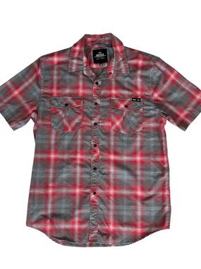 BRIGADE Western Black Snap Short Sleeve Shirt Plaid Red Gray Mens Sz Medium 2013